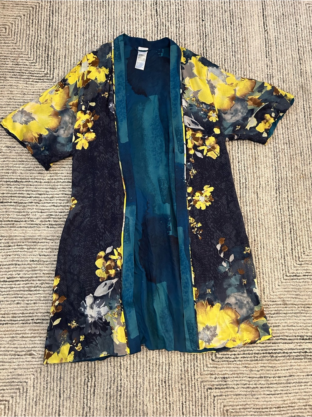 Chicos Boho Navy & Yellow Floral Kimono Cardigan Teal S/M Reversible